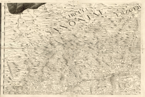 Ein detaillierter alter Stadtplan von Sachsen, Deutschland, der geografische Merkmale wie Flüsse, Berge und Städte zeigt, mit begleitendem Text, der regionale Informationen bereitstellt.