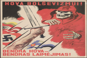 Ein Skelett in einer roten Robe hält ein Schwert und eine gelbe Nazi-Flagge mit einem schwarzen Hakenkreuz und hat einen bedrohlichen Gesichtsausdruck auf einem Propagandaplakat.