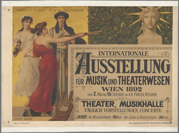 Plakat für die Internationale Ausstellung für Musik und Theaterwesen in Wien, Österreich, das eine Gruppe von Menschen in einem Kreis mit einer Frau, die ein Musikinstrument hält, in der Mitte zeigt und Text mit Veranstaltungseinzelheiten enthält.