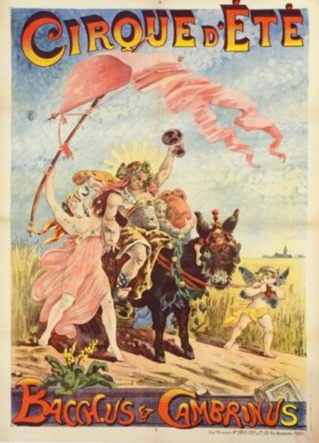 Vintage-Zirkusposter mit dem Titel "Cirque d'Ete Bacchus & Cambrinus" mit bunten Illustrationen von Menschen, Tieren und Pflanzen.