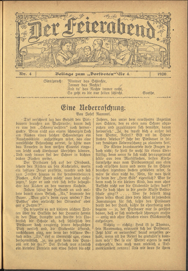 Ein aufgeschlagenes Buch mit klassischer Schriftart und einer Illustration eines Mannes und einer Frau in traditioneller deutscher Kleidung, die nebeneinander stehen und sich anschauen.