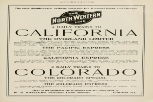 Zeitung mit Textliste von drei täglichen Zügen: "The Overland Limited", "The Pacific Express" und "Colorado", Teil von "The North Western Line."
