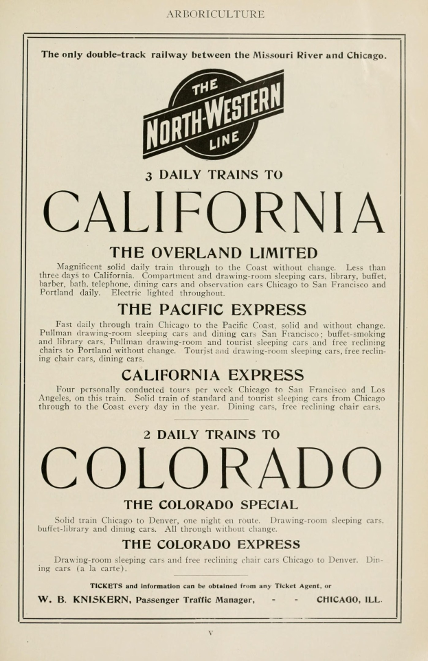 Zeitung mit Textliste von drei täglichen Zügen: "The Overland Limited", "The Pacific Express" und "Colorado", Teil von "The North Western Line."