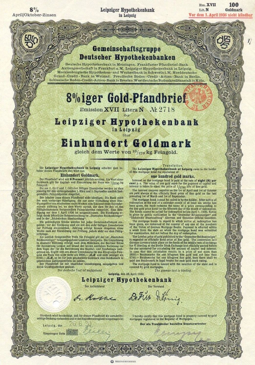 Altes grünes Wertpapier der Leipzig Hypothekbank mit gedrucktem Text und einem Stempel.