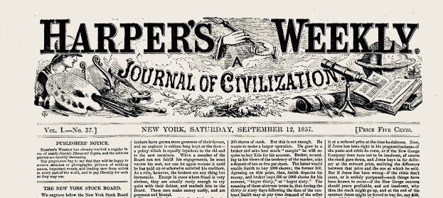 Ein Papier mit der Überschrift "Harper's Weekly Journal of Civilization" und verschiedenen Bildern von Menschen, Büchern und Gegenständen.