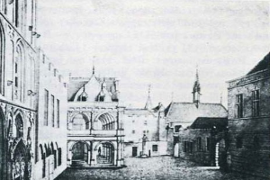 Schwarze und weiße Fotografie einer 19. Jahrhundert-Gasse in Brügge, Belgien mit Gebäuden, Fenstern, Treppen und Himmel, mit Text unten, der besagt "Brügge, Belgien im 19. Jahrhundert".