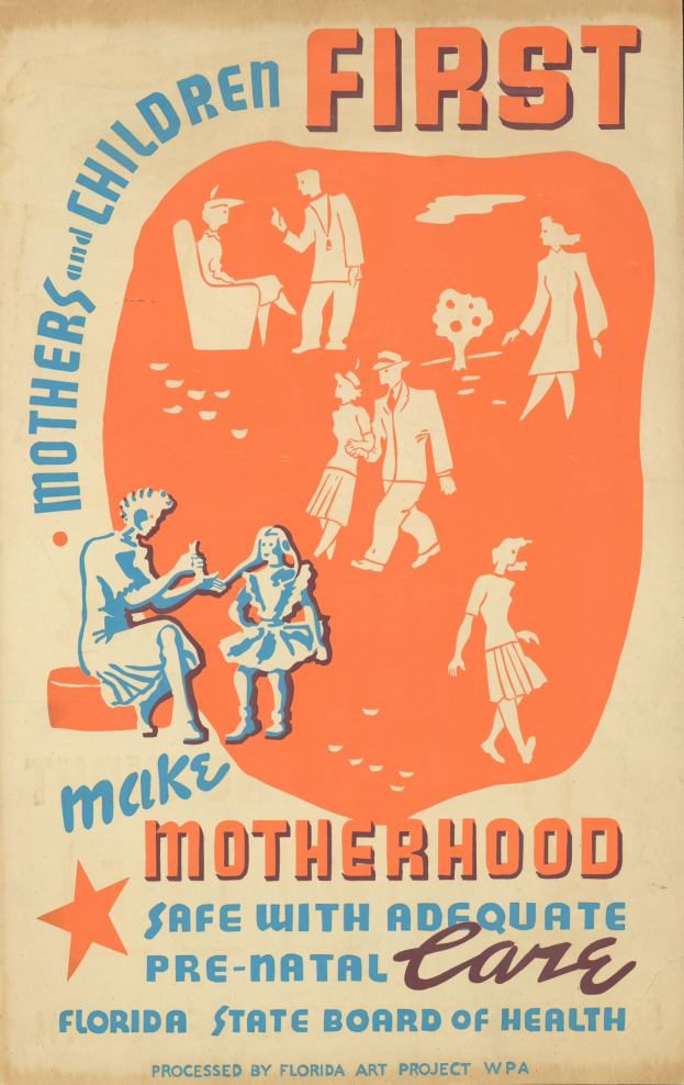 Plakat mit fetter weißer Schrift auf einem hellblauen Hintergrund, auf dem "Mutterschaft durch ausreichende pränatale Betreuung sicher machen" steht, mit verschiedenen lächelnden Menschen unterschiedlichen Alters und Geschlechts.