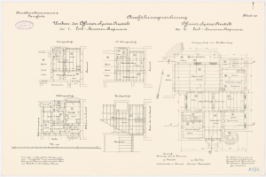 Ein detaillierter architektonischer Grundriss des ehemaligen Bundeskanzleramts in der Bundesrepublik Deutschland, der den Aufbau, Zeichnungen und Text zeigt.