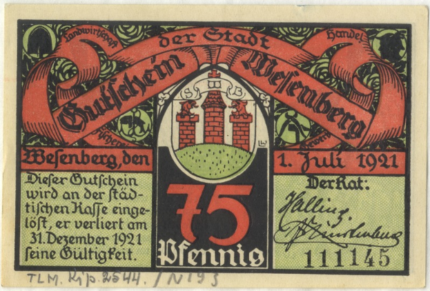 Eine alte deutsche Banknote mit einem Gebäude darauf, dem Text "Bundesliga" und einem Logo unten, auf einem weißen Hintergrund.