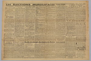 Titelseite der französischen Zeitung "Les Élections Municipales" mit weißem Hintergrund und dichter Text über Kommunalwahlen.