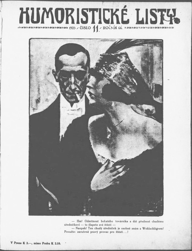 Schwarz-weißes Magazin-Cover mit der Aufschrift 'Humoristische Liste', das einen Mann in einem Anzug mit ernster Miene und eine Frau zeigt, die mit einem leichten Grinsen wegsieht.