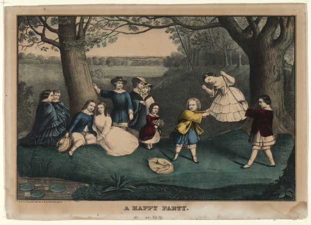 Eine Gruppe von Kindern spielt im Park, einige sitzen auf dem Gras und andere stehen, mit Bäumen und Pflanzen im Hintergrund und dem Text "Eine fröhliche Party" unten.