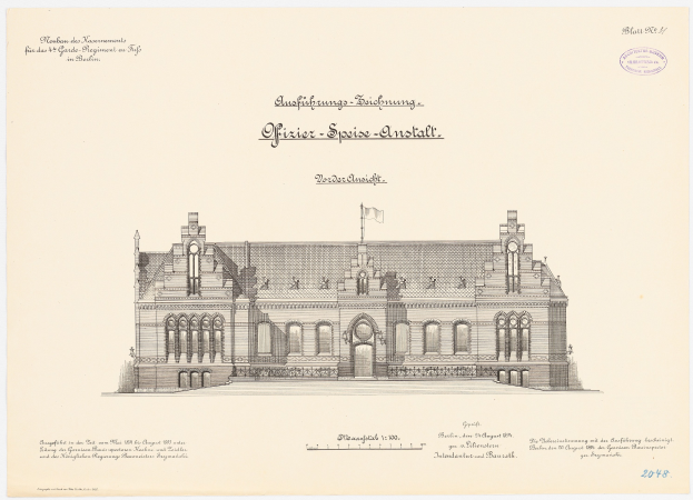 Eine Zeichnung des Hauptsaals des Deutschen Bundestages in Berlin, Deutschland, mit einer Flagge oben drauf und begleitendem Text.