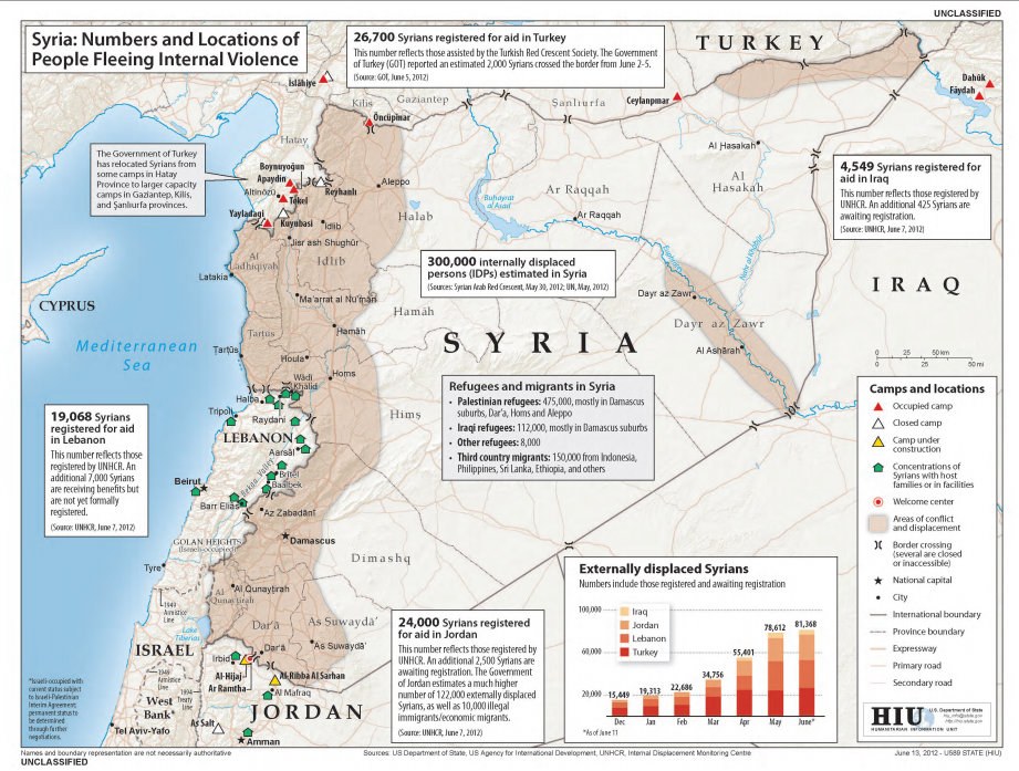 Plakat mit einer Syrienkarte, die Daten zu Binnenflüchtlingen aufgrund von Gewalt enthält, einschließlich begleitendem Text und Diagrammen.