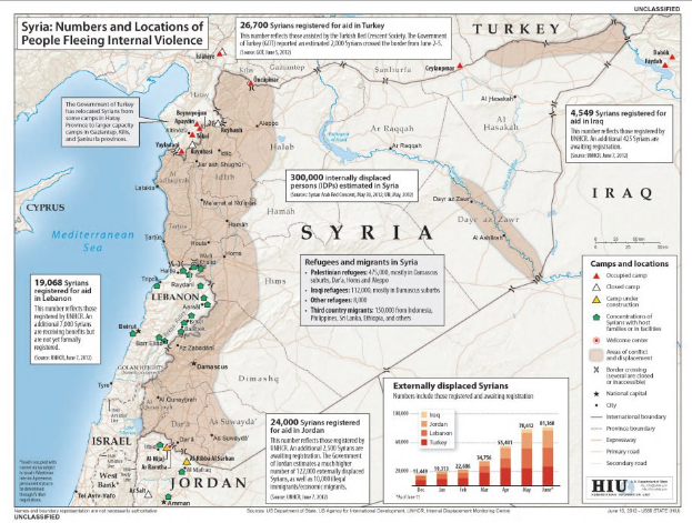Plakat mit einer Syrienkarte, die Daten zu Binnenflüchtlingen aufgrund von Gewalt enthält, einschließlich begleitendem Text und Diagrammen.