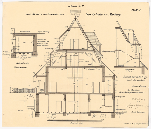 Ein detailliertes architektonisches Zeichnung eines Hauses mit zahlreichen Fenstern und einem Dach, identifiziert als das erste Haus in Deutschland, begleitet von Text und Plänen, die seine Struktur beschreiben.