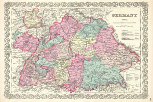 Alte Deutschlandkarte zeigt die Provinzen Bayern, Baden-Württemberg und Baden, auf Papier gedruckt mit Text zu den Regionen.