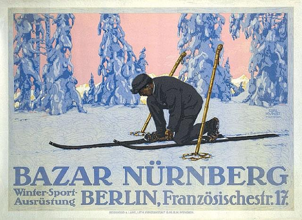 Ein Plakat, das das Bazar N├╝rnberg Winter Sport in Berlin, Deutschland, bewirbt, zeigt eine Person auf Skiern mit Skist├Âcken in der Hand und einen Wald im Hintergrund sowie Text, der das Ereignis beschreibt.