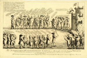 Ein Blatt Papier mit einer Zeichnung einer vielseitigen Gruppe von Menschen, die vor einem hohen, beeindruckenden Schloss mit einem großen Eingang und mehreren Türmen stehen, mit fetter Schrift darauf.