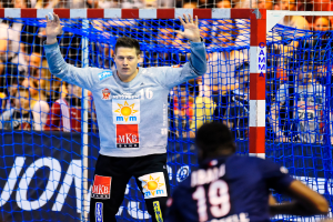 Ein Handballspieler steht vor einem Tor mit erhobenen Händen, umgeben von sitzenden Zuschauern, mit einem "Futsal-Weltmeisterschaft 2019"-Banner und einem Netz im Vordergrund.