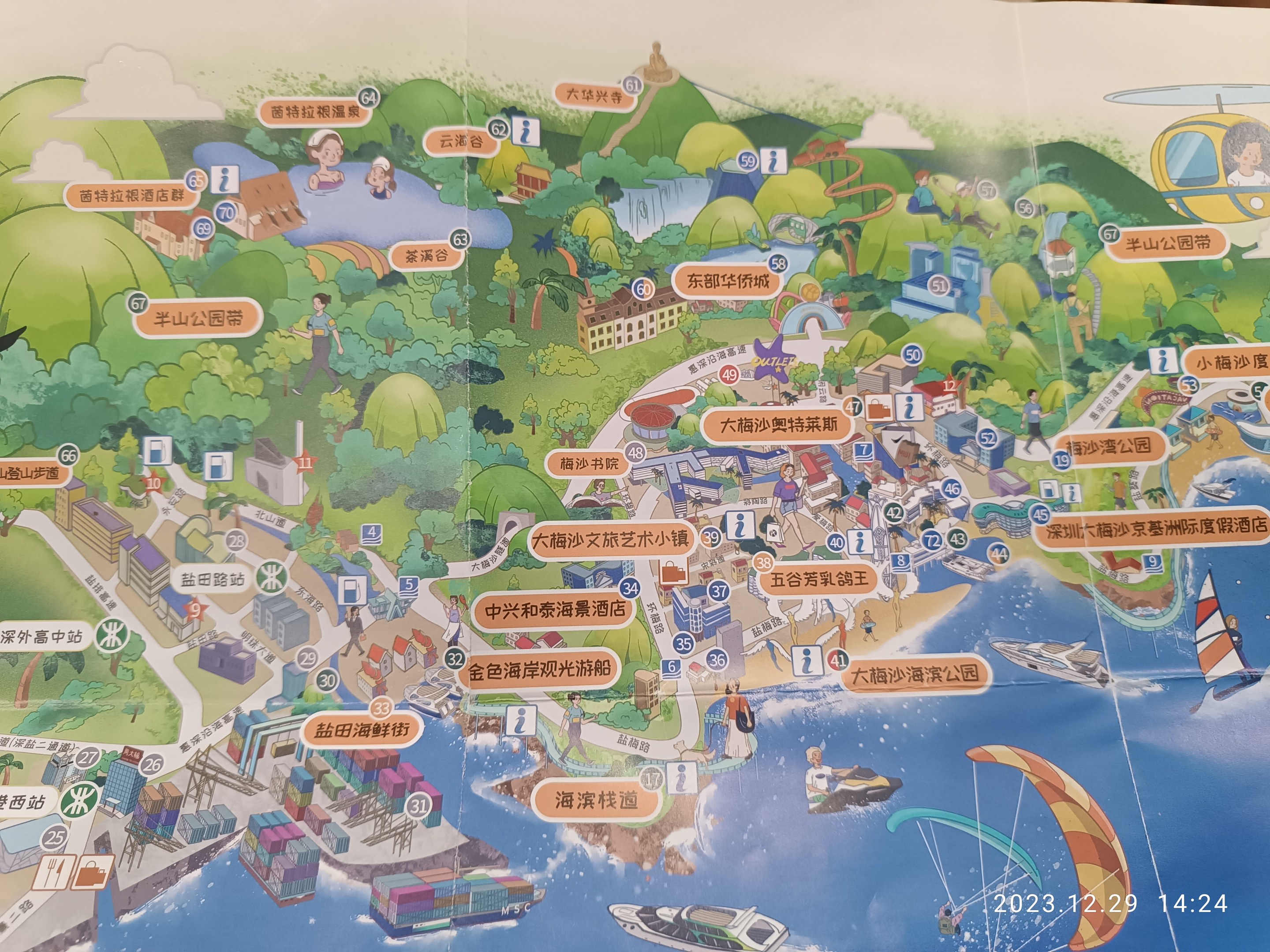 Ein buntes Stadtplan mit verschiedenen Attraktionen, darunter Bäume, Gebäude, Menschen, Boote und Paragleiten, sowie begleitender Text.