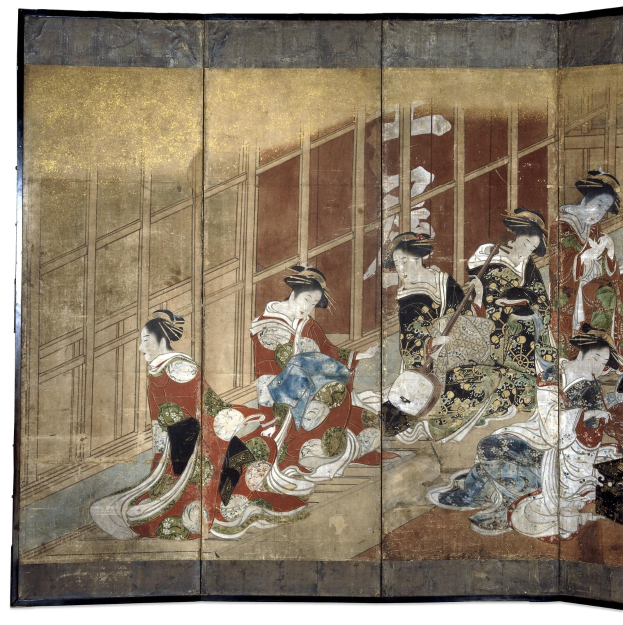 Ein japanisches Vier-Paneel-Bild aus der Meiji-Zeit, das eine Gruppe von Frauen in bunten Kimonos zeigt, die in einem Kreis stehen, wobei eine Frau in der Mitte die Arme ausstreckt.