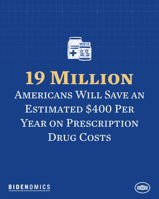 Ein blauer Hintergrund mit wei├čer Schrift und einem Logo, das '19 Millionen Amerikaner werden sch├Ątzungsweise $400 pro Jahr an Arzneimittelkosten sparen' lautet.