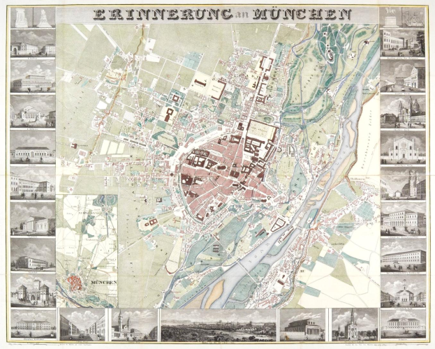 Ein alter Stadtplan von Erinnerungen, Deutschland, mit detaillierten Straßen, Gebäuden und Sehenswürdigkeiten, mit Bildern von Gebäuden und Text oben.
