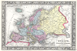 Ein altes Europa-Karte mit dem Umfang des britischen Empire im Hintergrund, gerahmt in einem Fotorahmen, mit der Aufschrift "Karte von Europa, die ihre politischen Teilungen zeigt".