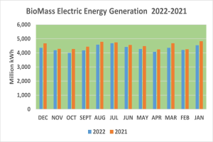 Liniengraph, der die Trends der elektrischen Energieerzeugung aus Biomasse von 2021 bis 2022 zeigt, mit begleitendem Text.