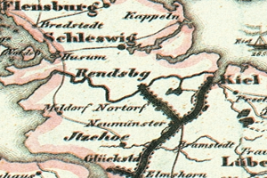 Ein detailliertes altes Stadtplan von Schleswig-Holstein, der Straßen, Gebäude, Sehenswürdigkeiten und Text enthält, der Informationen über die Bevölkerung, Straßen und Sehenswürdigkeiten der Stadt bereitstellt.