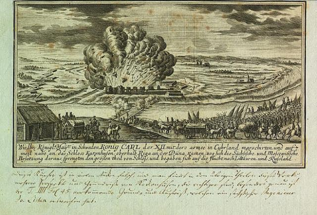Eine Gravur aus dem 17. Jahrhundert, die eine Schlachtenszene zeigt, die die Belagerung von Carli, Deutschland, darstellt, mit einer großen Explosion auf einem Feld, Menschen, Pferden, Wagen, Häusern und Rauch im Vordergrund und einem bewölkten Himmel im Hintergrund, mit Text am unteren Rand des Bildes.