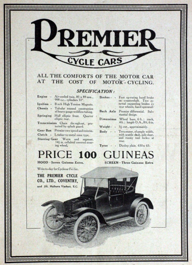 Plakatwerbung für Premier Cycle Cars mit einem klassischen schwarzen Auto mit schlankem Design und dem weißen Text "Premier Cycle Cars".