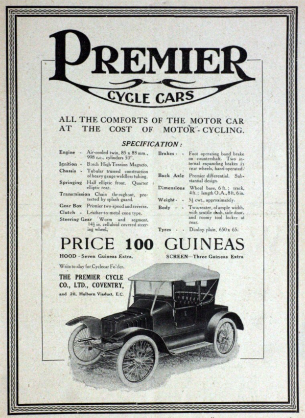 Plakatwerbung für Premier Cycle Cars mit einem klassischen schwarzen Auto mit schlankem Design und dem weißen Text "Premier Cycle Cars".