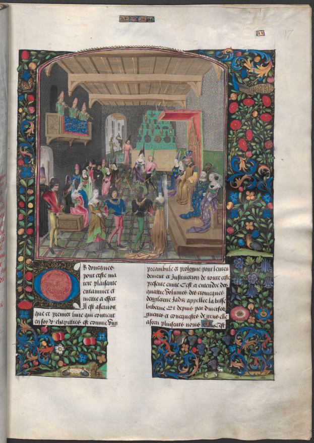 Ein aufgeschlagenes Buch mit einer farbenfrohen, detaillierten mittelalterlichen Miniatur-Szene, auf der Menschen verschiedenen Alters und Hintergrunds in einer lebhaften Diskussion vertieft sind, dargestellt in leuchtenden, intensiven Farben.