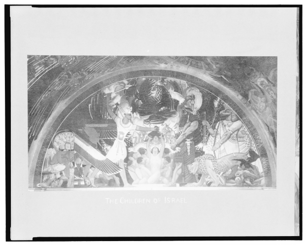 Ein Schwarz-Wei├č-Foto-Rahmen mit einem Bild einer Gruppe von Menschen und dem Text «Die Kinder Israels» unten.